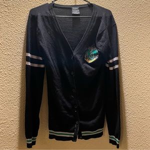 Harry Potter Womens' Slytherin House Crest Open Front Cardigan Knit Sweater